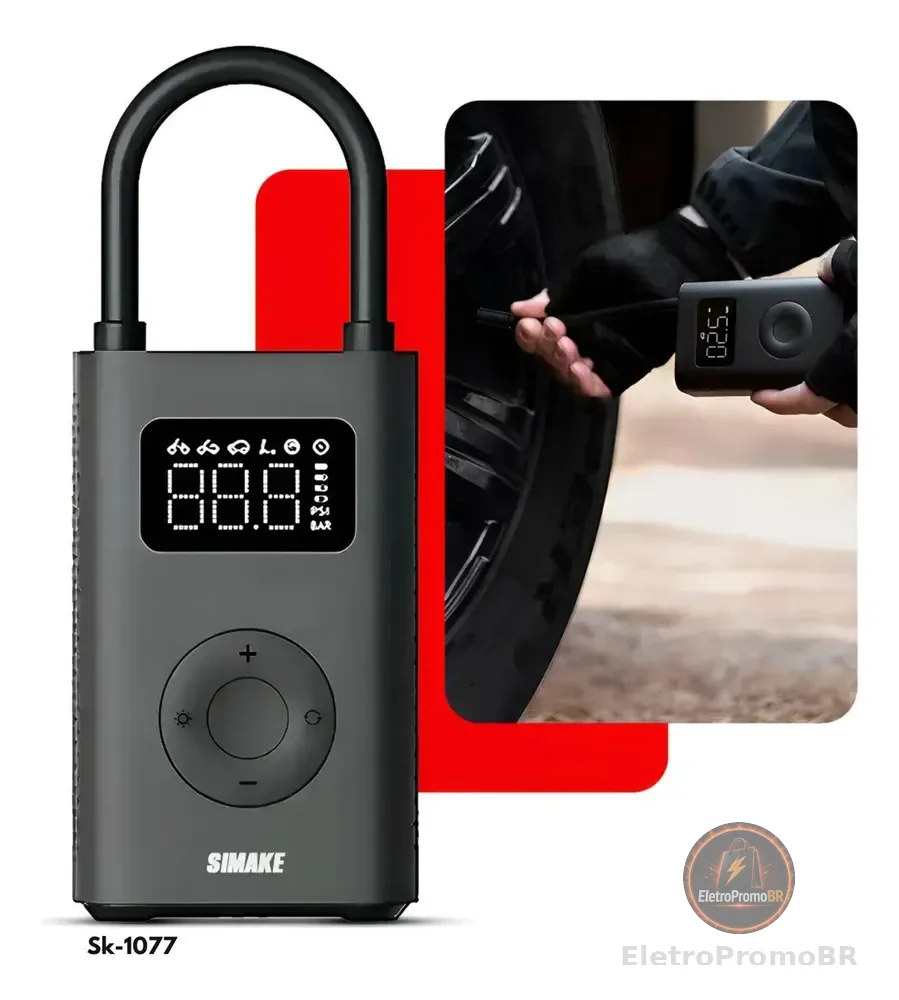 Mini Compressor Digital Simake Bomba De Encher Pneus Portátil Para Carro Bicicleta Motocicletas Cor Preto Com Calibrador