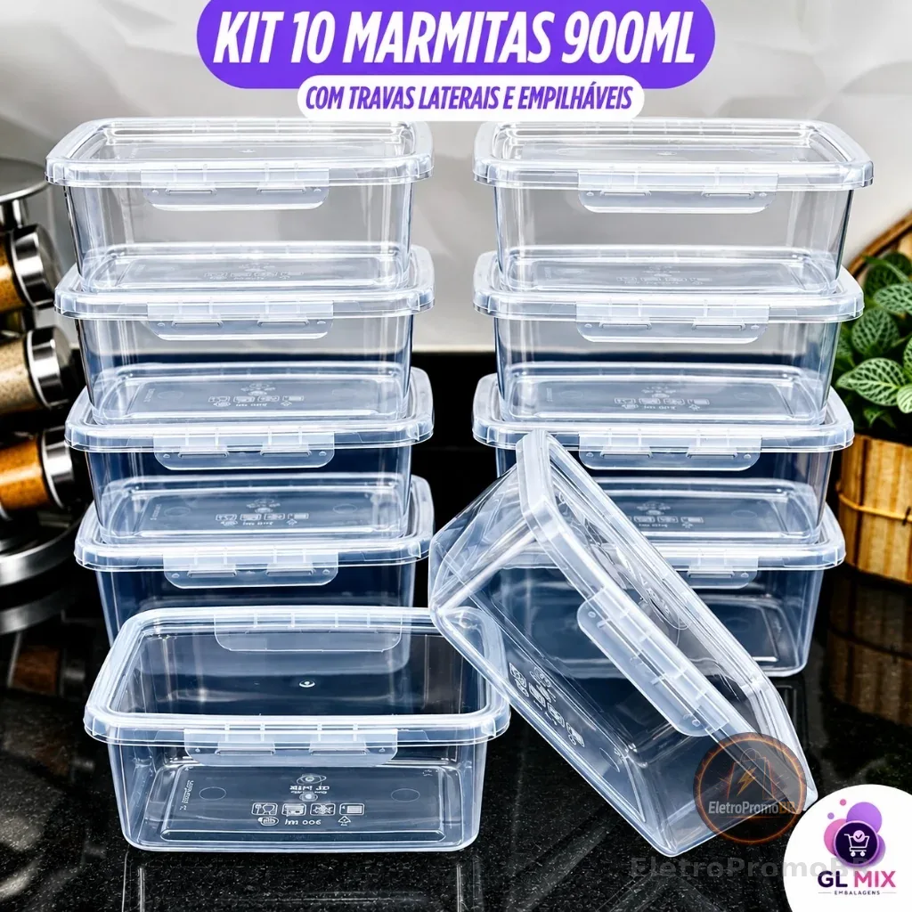Kit 10 Marmita 900ml - Travas Hermética Premium BPA FREE Alta Vedação Freezer Microondas Lava Louças