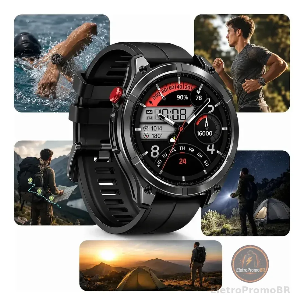 Relógio Smartwatch GPS Y GNSS Zeblaze Stratos 4 À Prova D'água 5 ATM+IP69K,Lanterna LED Integrada,Tela AMOLED,Monitor Cardíaco,Notificações Bluetooth,Compatível Android iOS E Longa Duração Bateria