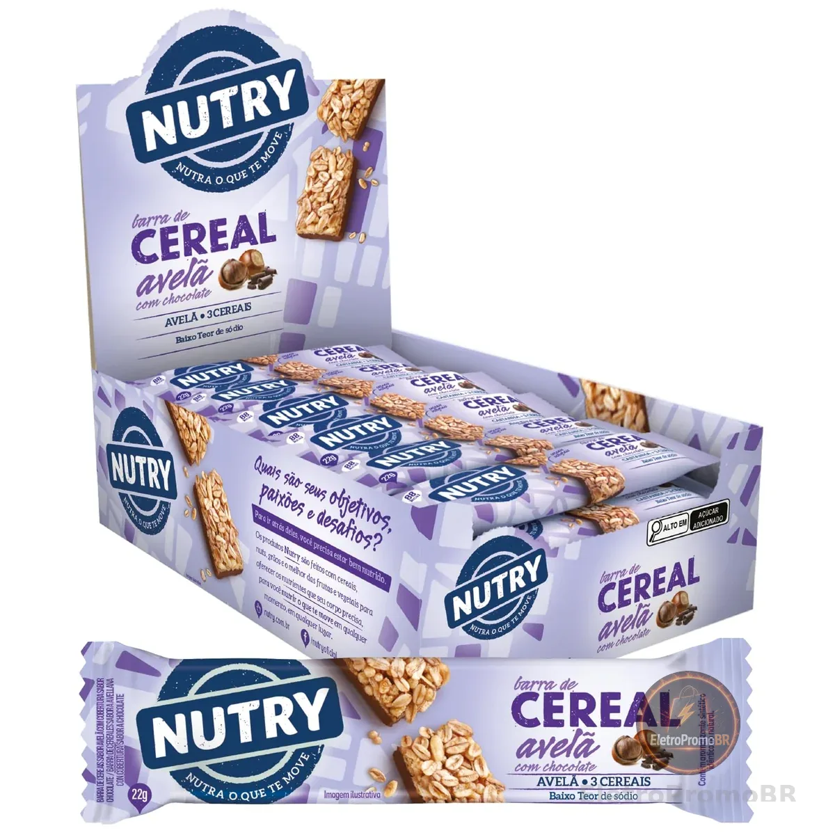 Nutry Barra de Cereais Avelã com Chocolate 22g - Display | Com 24 Unidades, 3 Cereais, Camada sabor Chocolate e Avelã