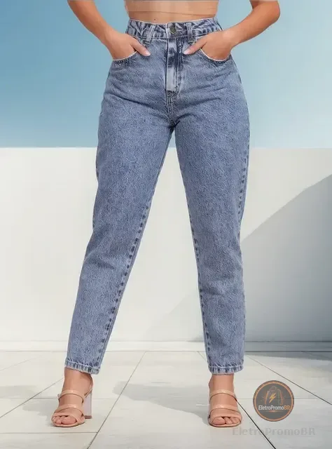 Calça Mom Jeans Feminina Cintura Alta Marmorizada