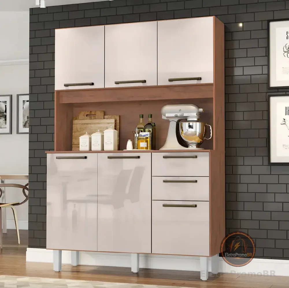 Armário de Cozinha Completa Pop Zanzini Nature/Off White 6 Portas 2 Gavetas