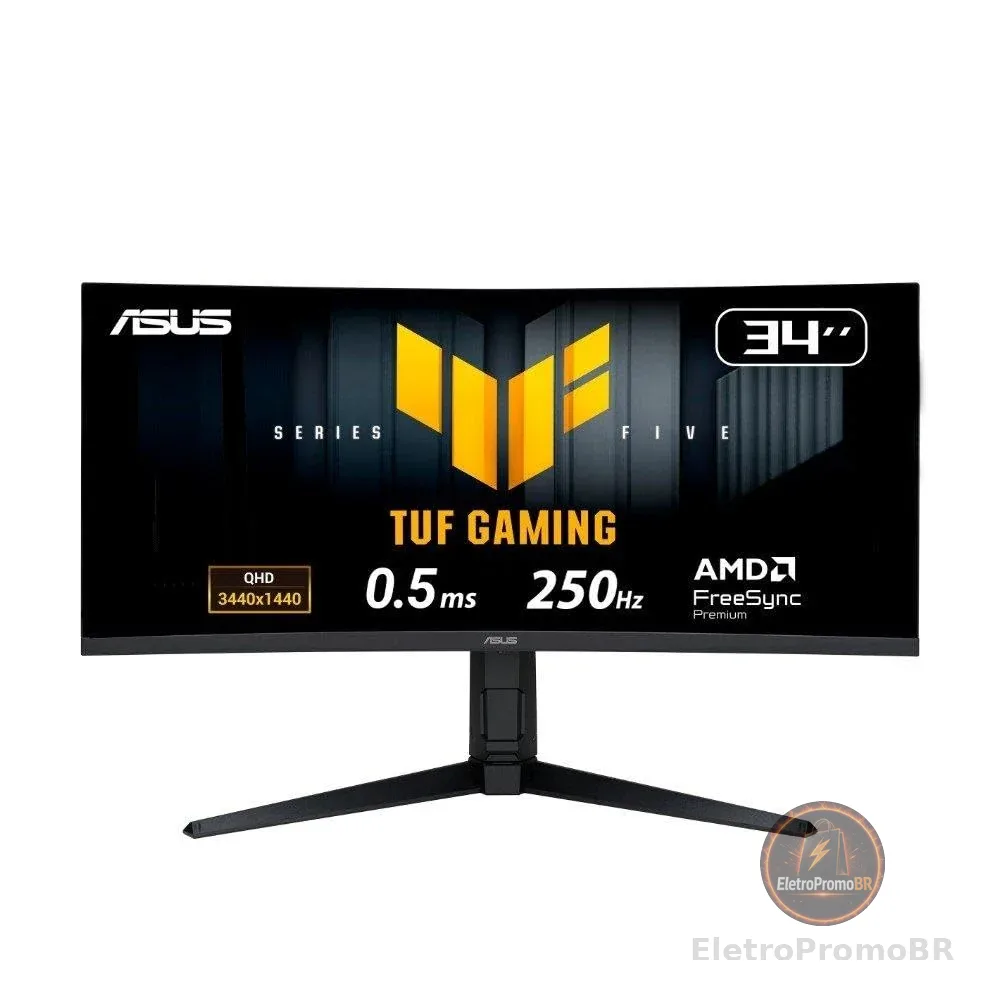 Monitor Gamer Curvo ASUS TUF 34"", WQHD, 250Hz, 0.5ms, Fast VA, FreeSync Premium, Altura Ajustável, Som Integrado, Preto - VG34WQML5A