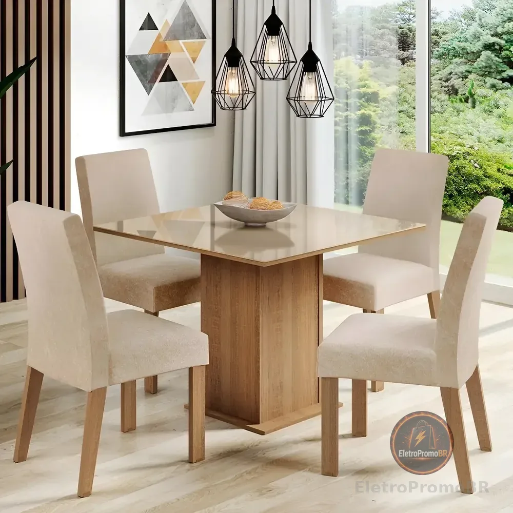 Sala De Jantar Estofada Madesa Evelin Mesa Tampo Vidro Com 4 Cadeiras Cor Rustic/Crema/Imperial MDJA0401037GSIM