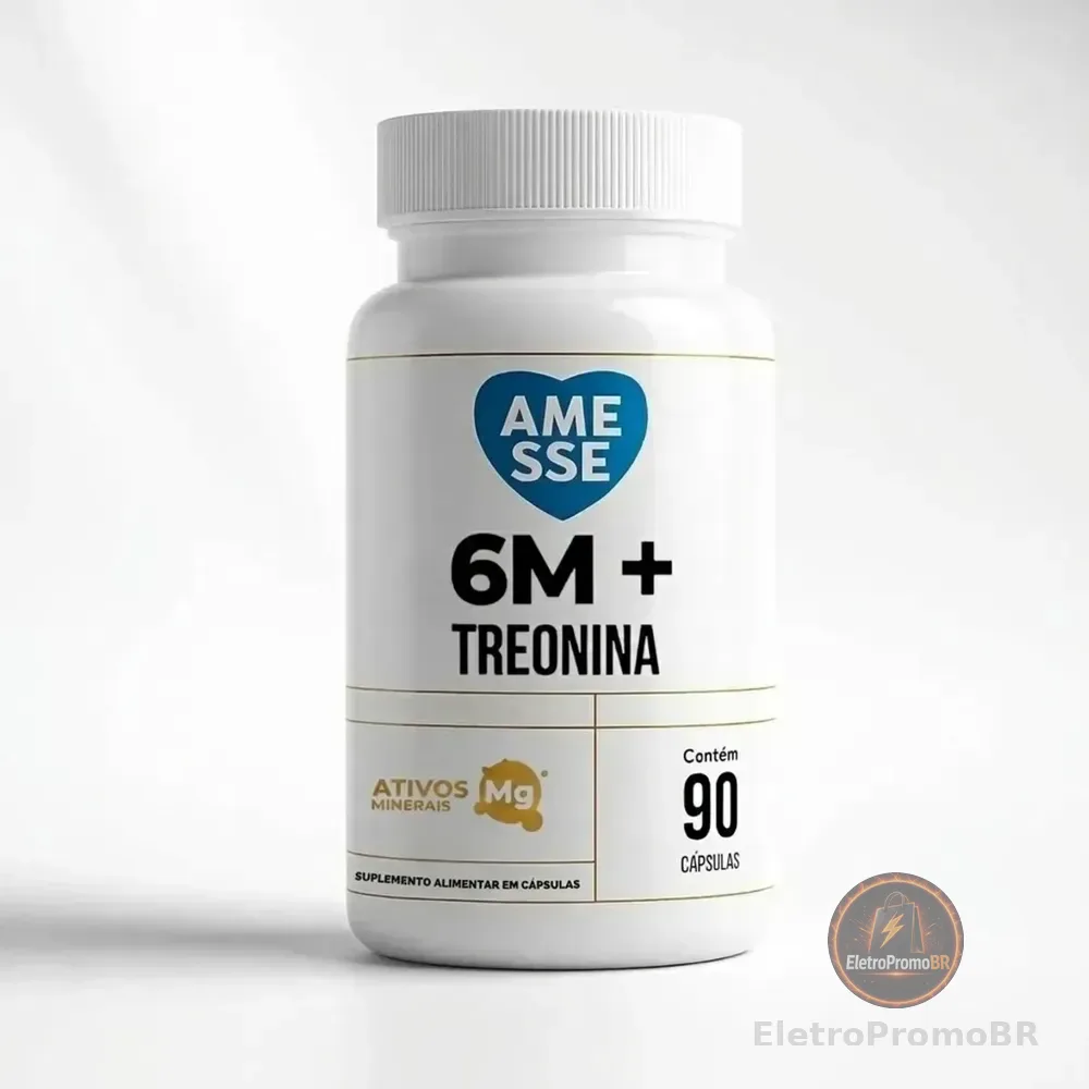 Magnésio 6M 6 Magnésios em 1 com Treonina - Treonato + Dimalato + Bisglicinato + Quelato + Citrato + Cloreto - Amesse 90 Cápsulas Sem Sabor