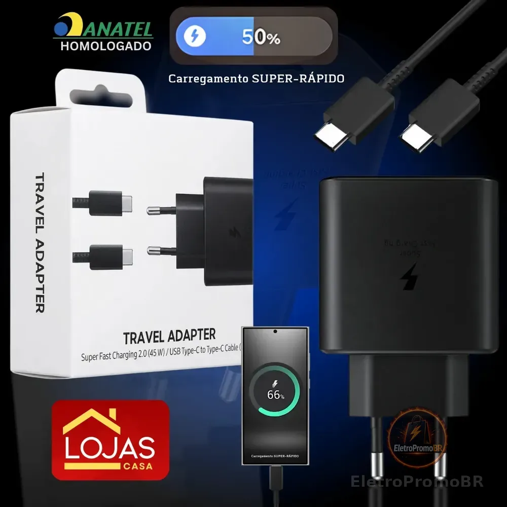 Carregador Fonte Turbo 45w Para Samsung Com Cabo Super Fast Cor Preto Lojas Casa