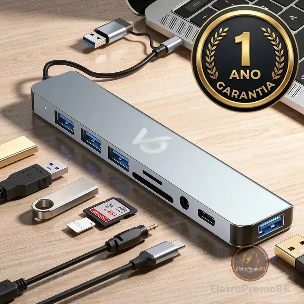 Hub Usb 8 Portas 3.0 E 2.0 Cabo Tipo C + A Híbrido P2 Estéreo Áudio Thunderbolt Extensor Adaptador Dock Station Dex Macbook iPad Computador Pc Notebook Tablet Type C Voxo