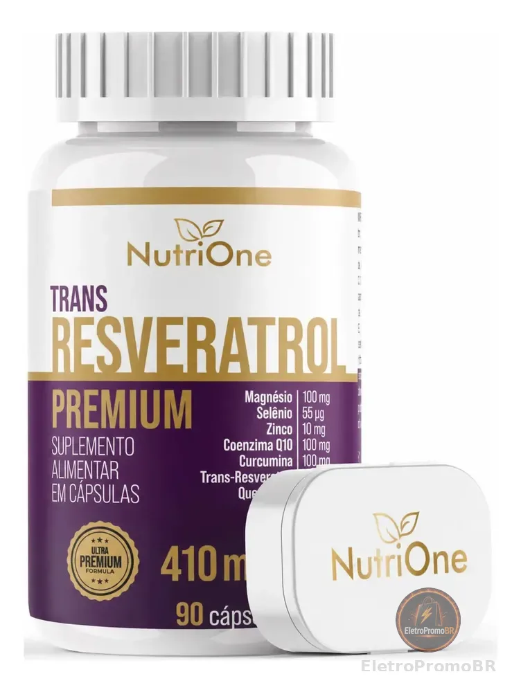 Trans-Resveratrol 165mg Premium 90 Cápsulas com Coenzima Q10 100mg Curcumina 100mg Quercetina 100mg Vitamina E 50mg Vitamina C 100mg Vitamina D 25mcg Magnésio 100mg Selênio 55mcg Zinco 10mg - Nutrione