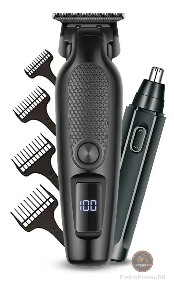 Máquina De Corte Acabamento Com Visor Led Profissional + Brinde Cabelo Pelo Barbear Trimmer Maquininha Detalhes Sem Fio Preto