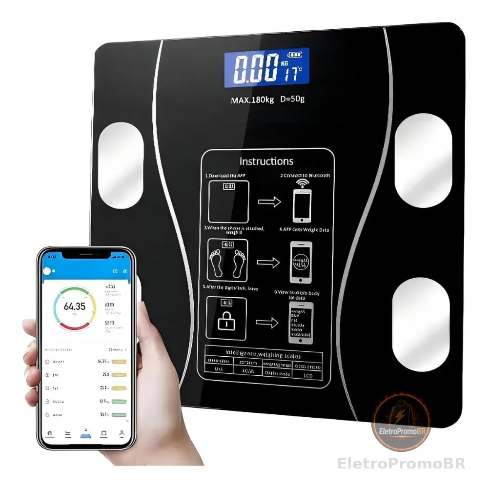 Balança Corporal Bioimpedância Inteligente Digital Aplicativo para Análise Corporal Medição de Gordura Peso Até 180kg