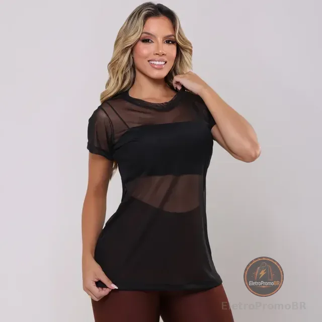 Blusa Feminina Moda Academia Transparente Fitness Tule Luxo