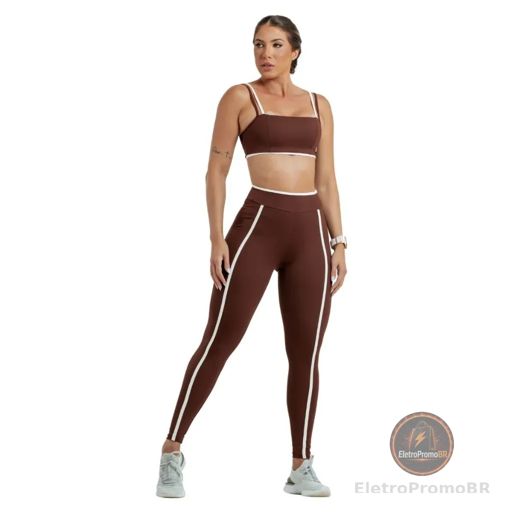 Conjunto Top + Calça Legging Cós Alto Zero Transparência Compressão Modelador UV50+ Academia