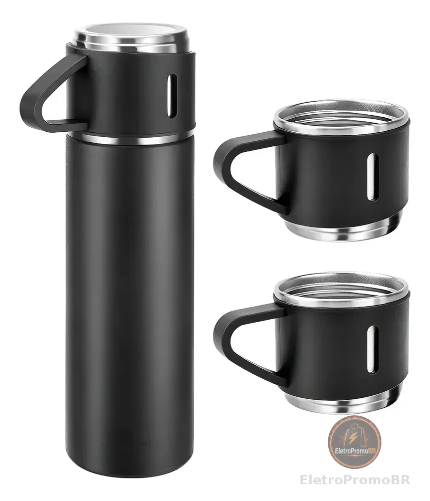 Caneca Kit Garrafa Térmica Vacuum Bottle Inox 500ml + 3 Xíca Preto