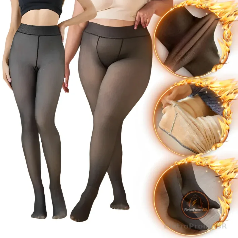 Meia-Calça Térmica Feminina Peluciada Translúcida Alta Elasticidade Super Quente Para Inverno