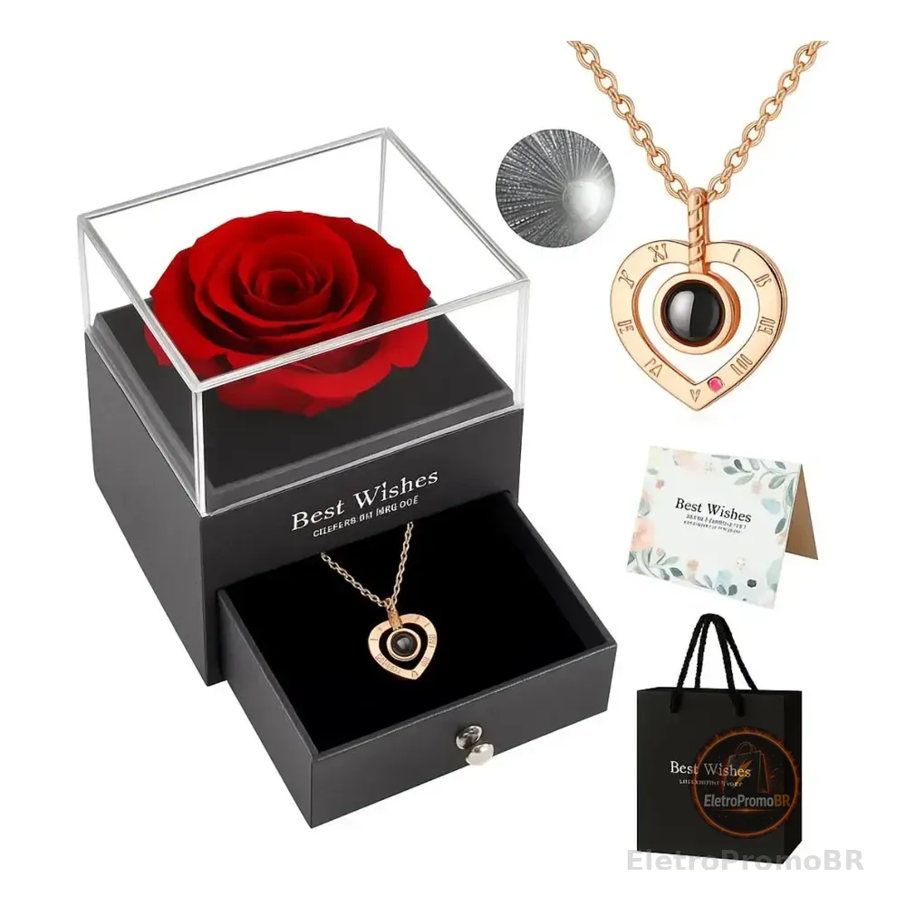 Presente Feminino Rosa Eterna + Colar Eu Te Amo 100 Idiomas Rosa