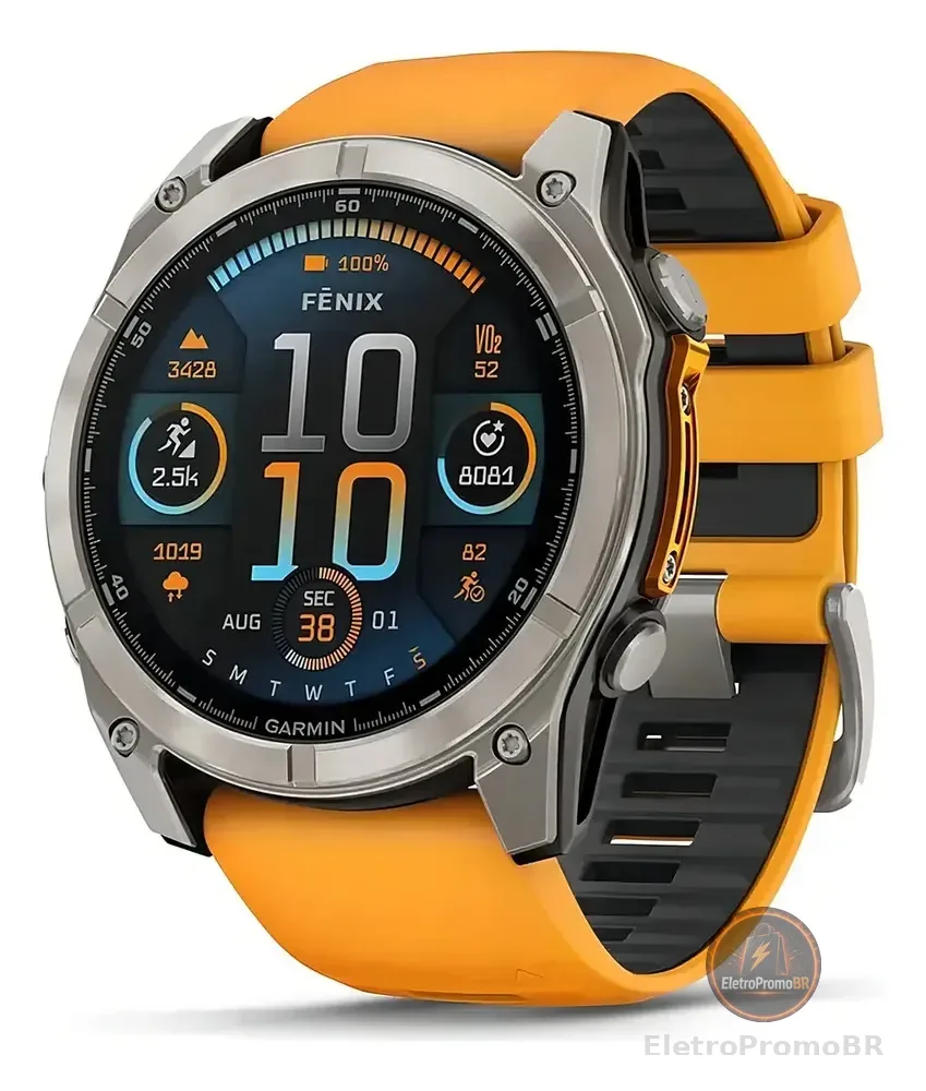 Relógio Garmin Fenix 8 Safira Titânio com Pulseira de Silicone Laranja com Grafite 51mm
