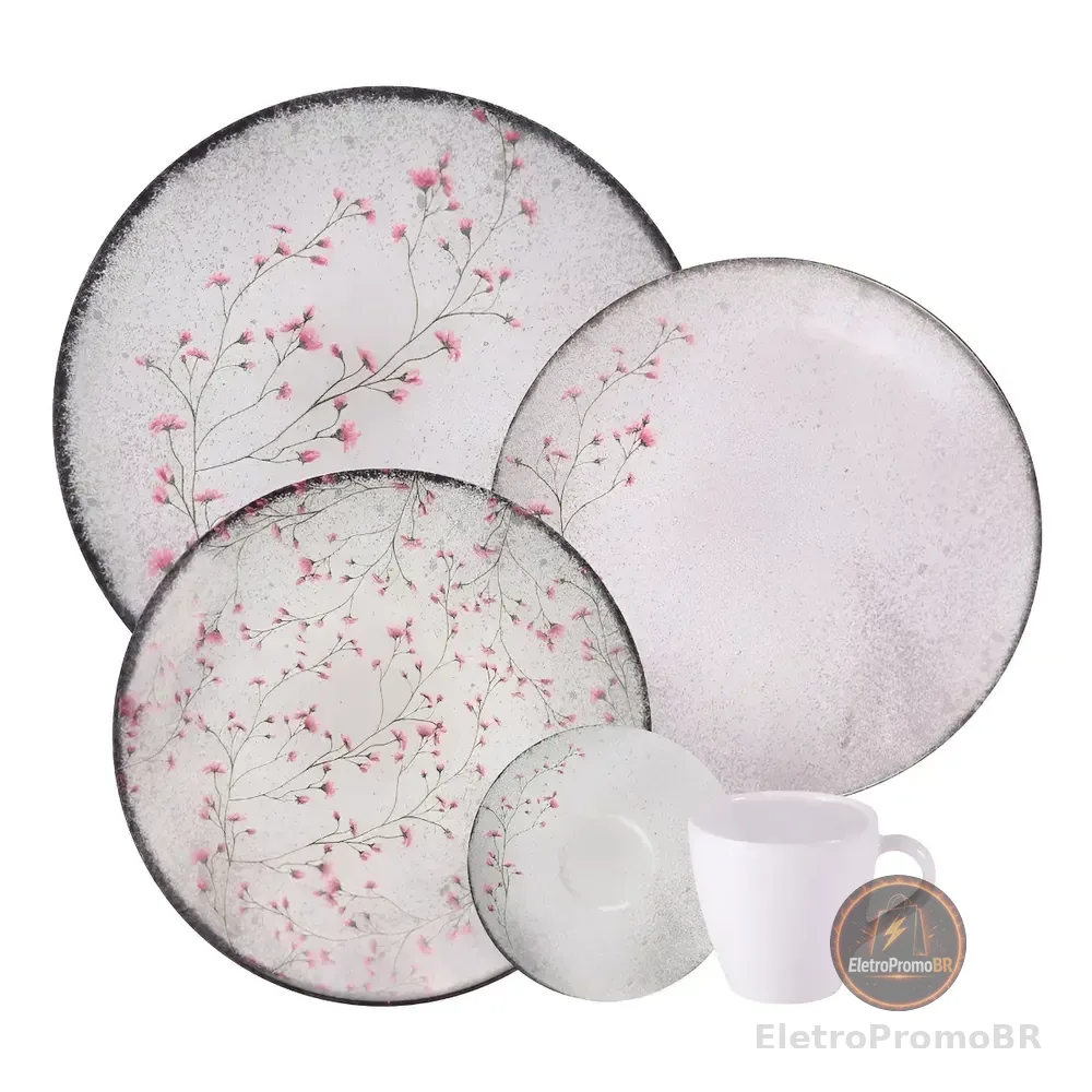 Aparelho De Jantar Tramontina Floralis Porcelana 20 Peças Cinza Florido