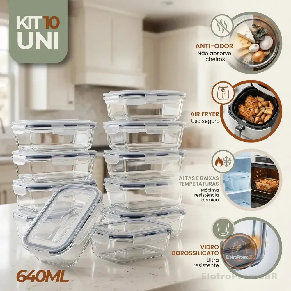 Kit 10 Pote De Vidro Marmita Hermético 640ml Freezer Fitness Rishon