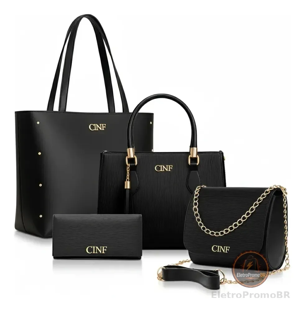 Kit Bolsas Feminina Sacola Transversal Tira Colo Carteira Cor Preta