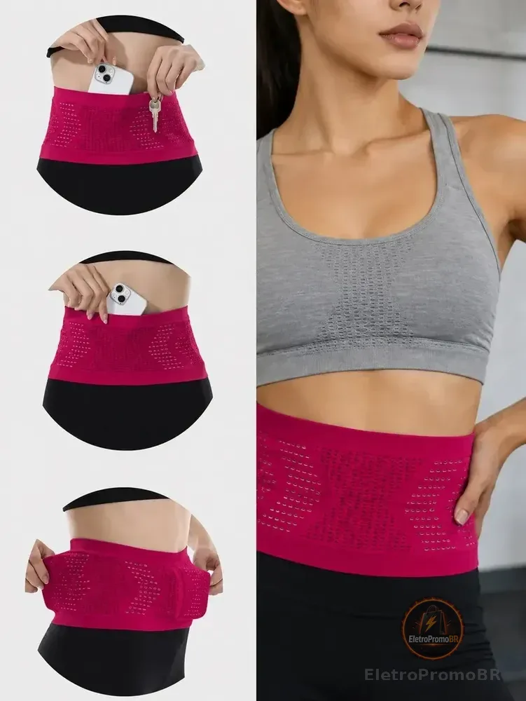Cinto De Corrida Fitness Porta Celular Bolsa Elástico Preto Rosa M