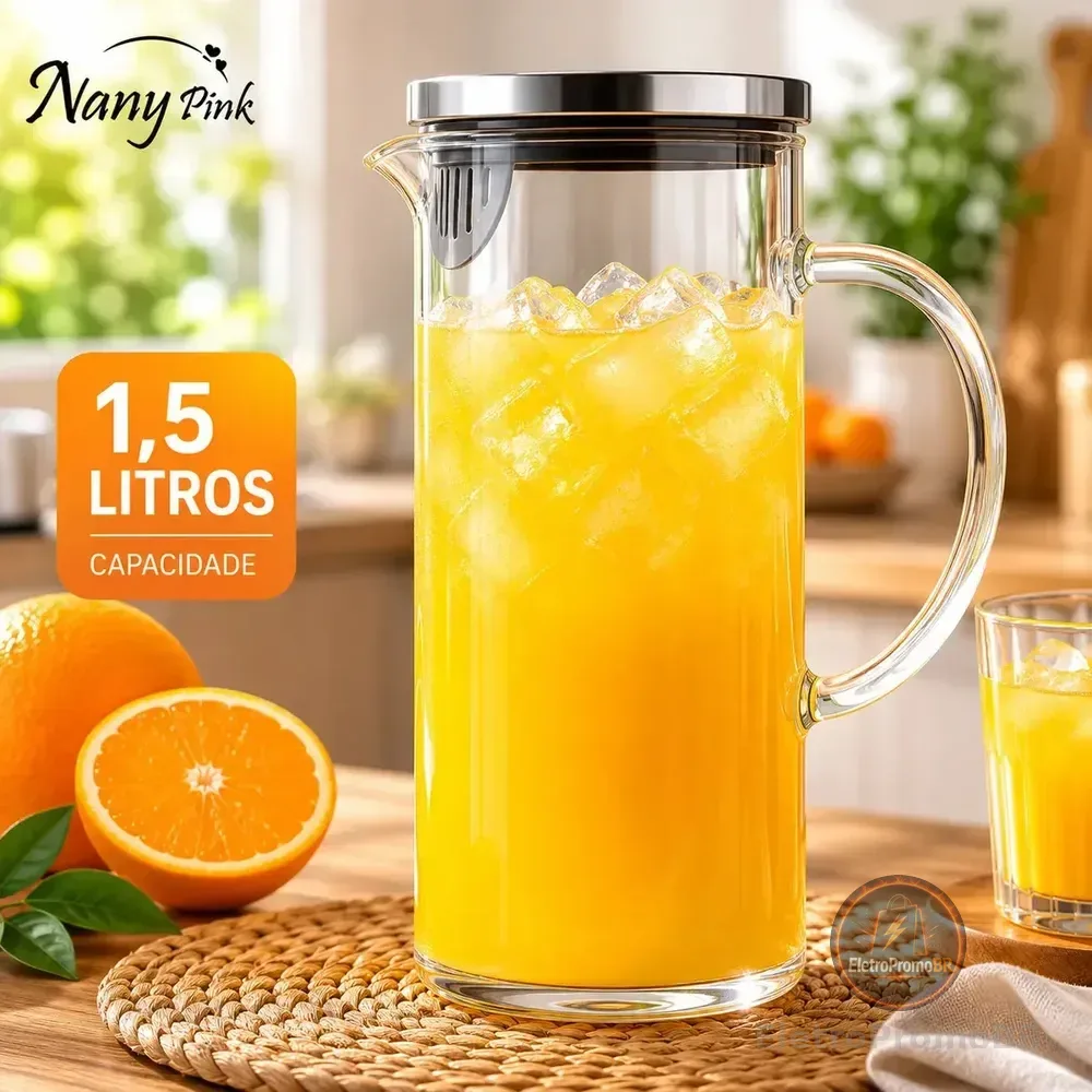 Jarra Vidro Borossilicato 1,5 Litros Tampa Inox Hermética Agua Suco Transparente - Nany Pink