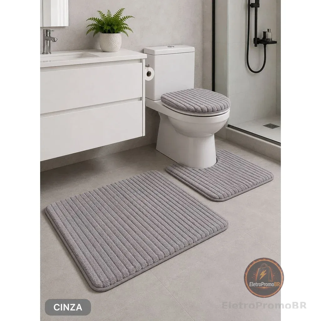 Tapete para Banheiro Canelado kit com 3 peças Antiderrapante Super Soft  Peças Algodão e Pelúcia