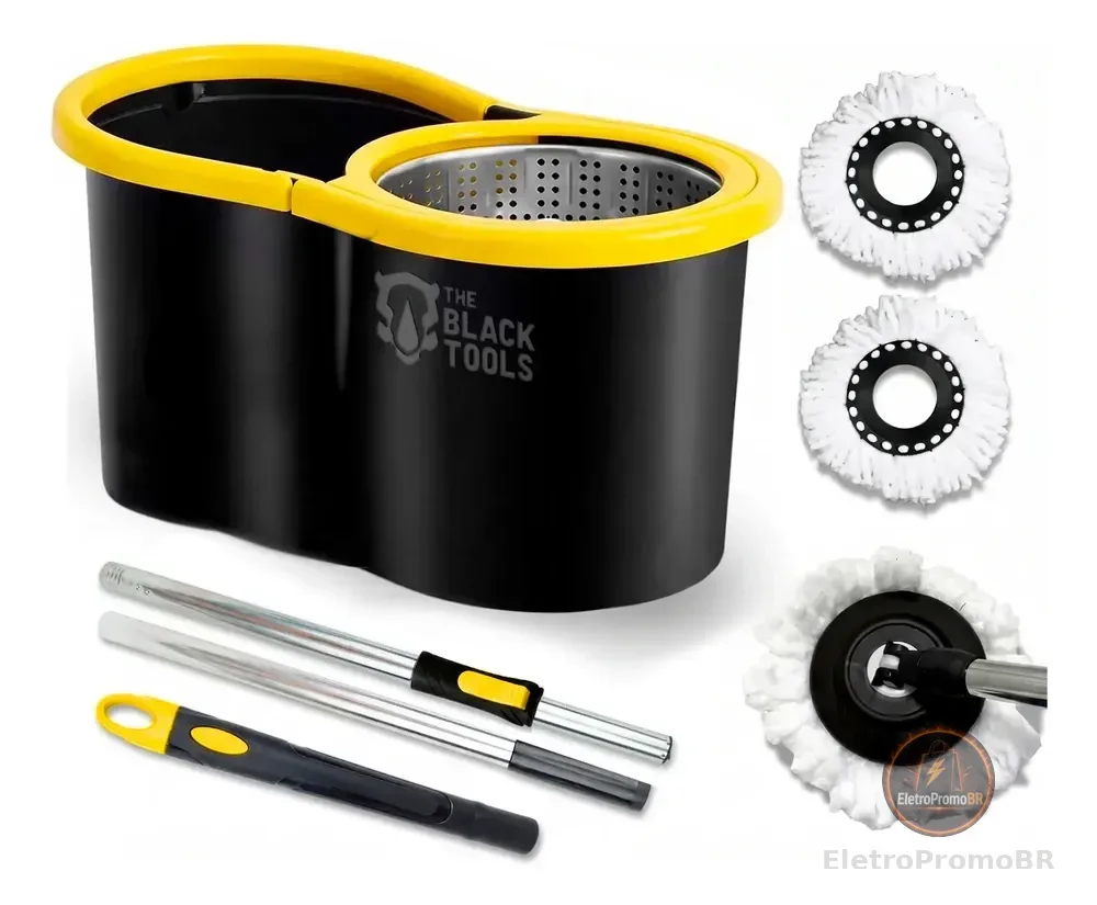 Mop Esfregão Giratório Balde Inox 8l Cabo 140cm C/ 2 Refis Preto E Amarelo