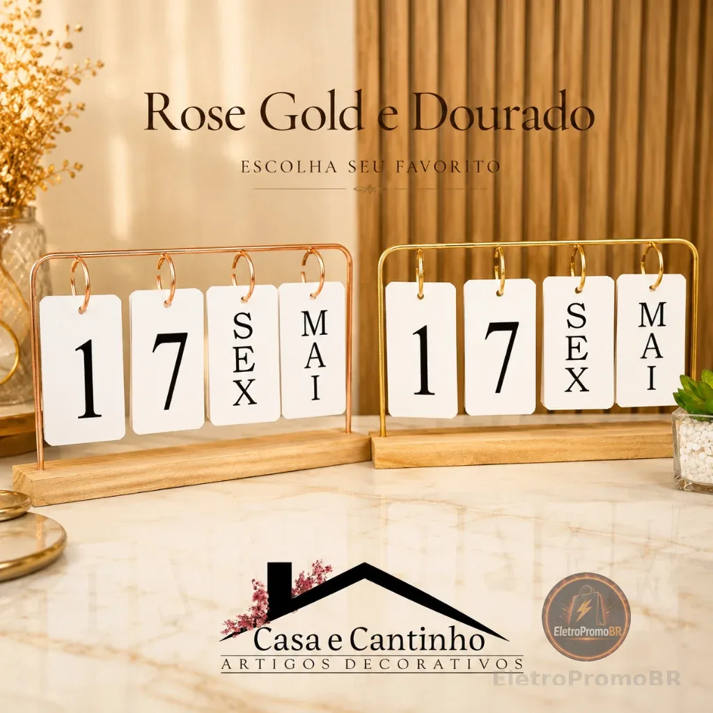 Calendário de Mesa Decorativo com Plaquinhas Preto/Dourado Permanente Escritório