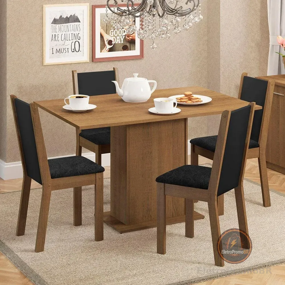 Sala De Jantar Madesa Talita Mesa Tampo Madeira 4 Cadeiras Cor Rustic/Preto/Oxford Desenho do tecido das cadeiras Liso