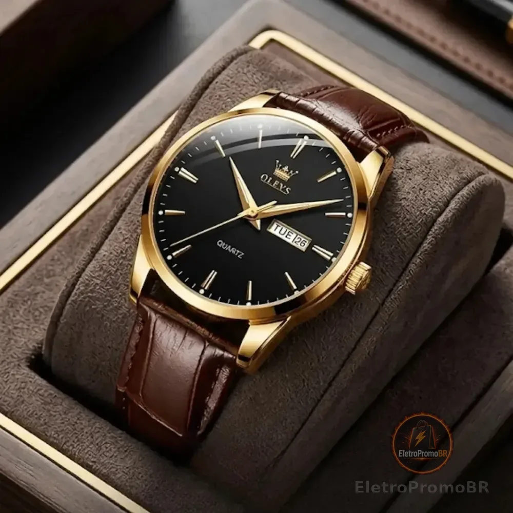 Relógio Social Masculino A Prova D'água Couro Olevs Luxo Marrom Dourado Preto