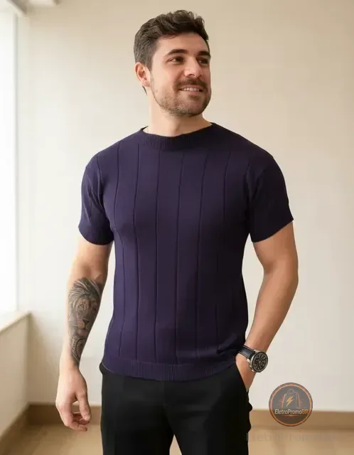 Camiseta Social Masculina Modal Tricô Macia Canelada Casual