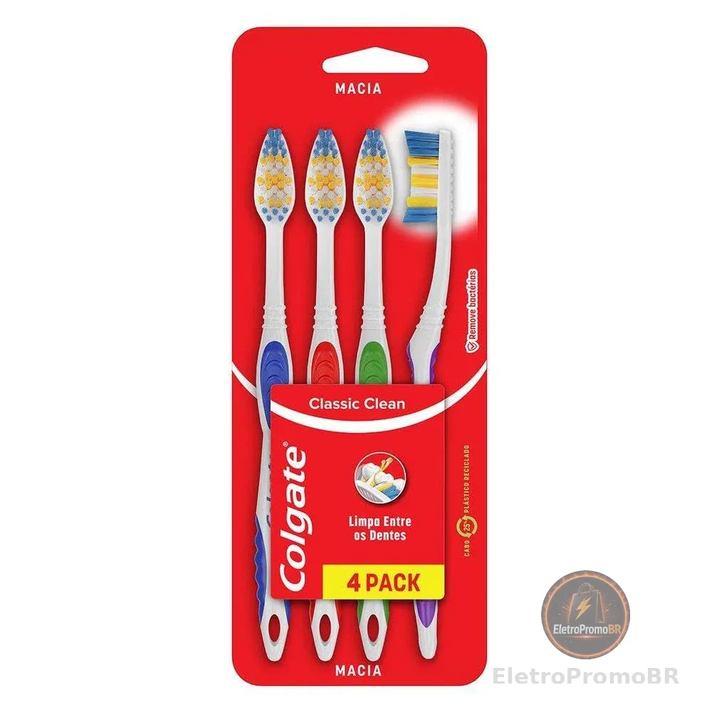 Escova de Dente Colgate Classic Clean Macia 4 unidades | Cores Sortidas