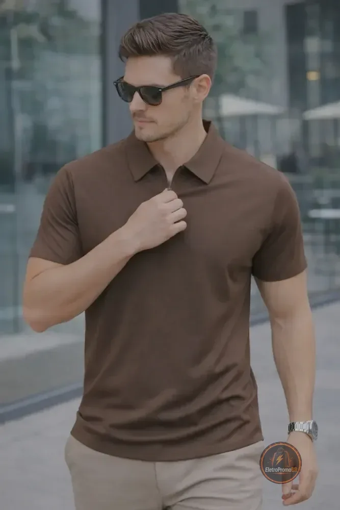 Camisa Polo Zíper Masculina Slim Fit Tecnológica Marrom Lisa P