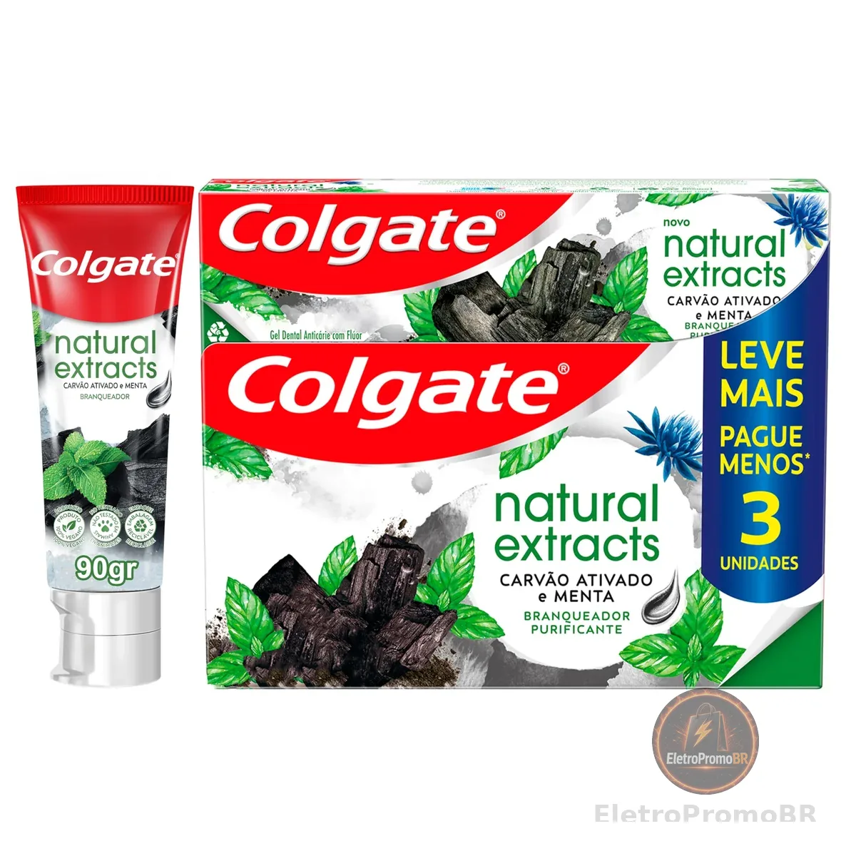 Colgate Natural Extracts Carvão Ativado e Menta Creme Dental, 3x90g