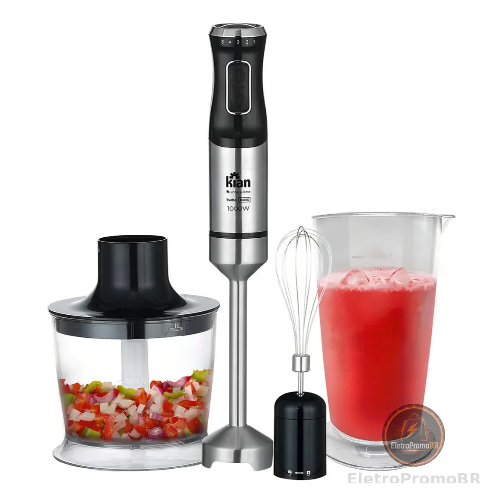 Mixer 3 em 1 1000W Inox Turbo Triturador Processador Copo 700ml Kian Preto
