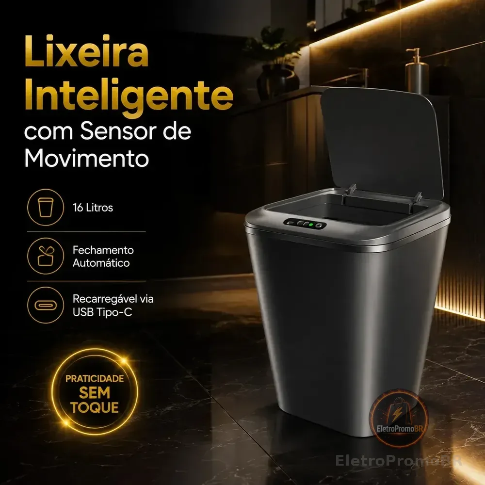Lixeira Inteligente Automática Preta Universal Com Sensor Hearbuds Recarregável Anti Odor 16L