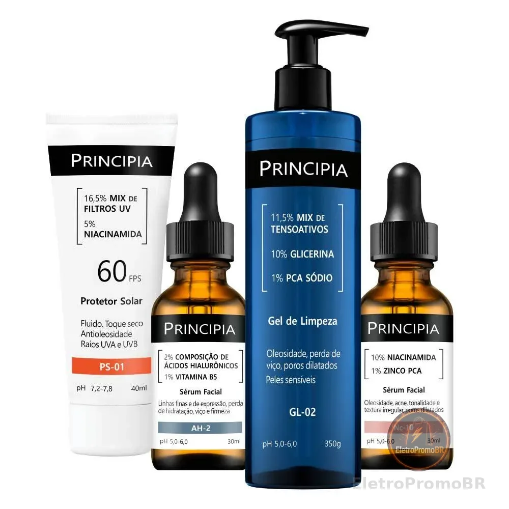 Principia Kit Primeira Rotina Avançada c/ Gel de Limpeza GL-02 + Sérum Nc-10 + Sérum AH-2 + Protetor Solar PS-01 FPS60