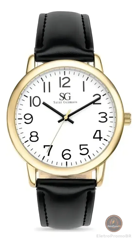 Relógio Masculino Dourado Saint Germain Correia De Couro Preto Caixa Dourada Fundo Branco 40mm Elegante Clássico