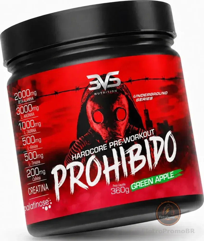 Pré-Treino PROHIBIDO 360g em Pó de Maçã Verde para Energia e Foco