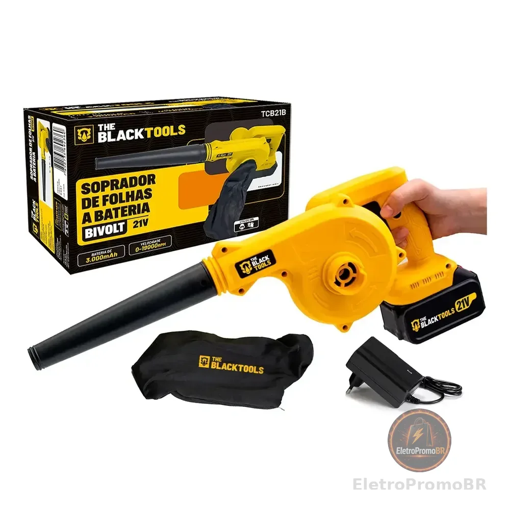 Soprador De Folhas A Bateria Aspirador Elétrico Com Saco Coletor Tcb21b The Black Tools Amarelo E Preto 127/220v