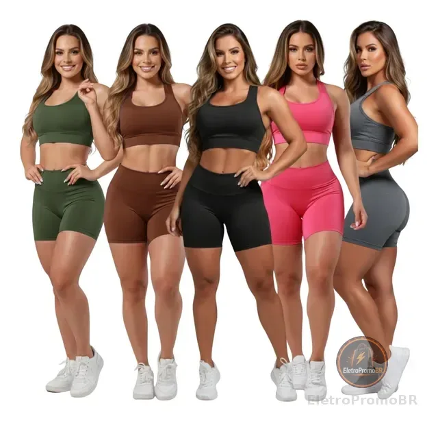 Kit 5 Conjunto Top + Short Fitness Roupas Femininas Academia