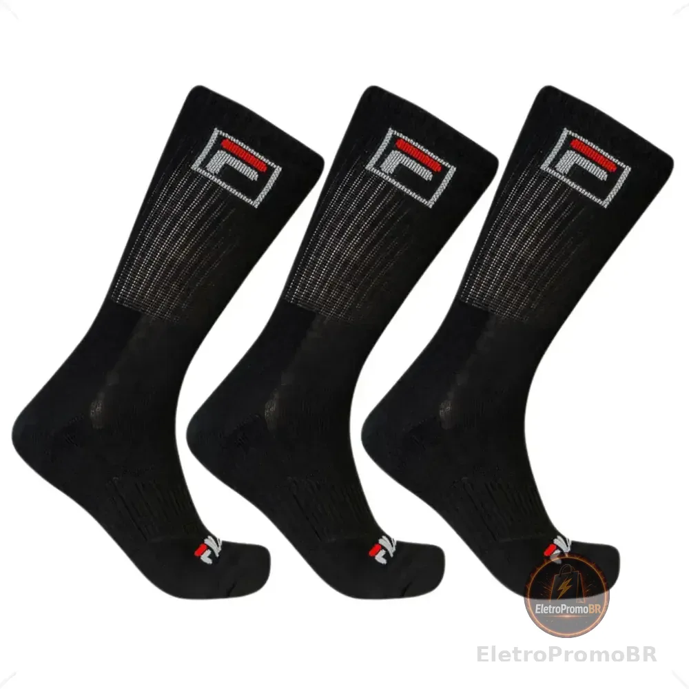 Kit Meia Fila Fbox 3 Pares Cano Alto Confortável Promoção Preto Logo 39-43