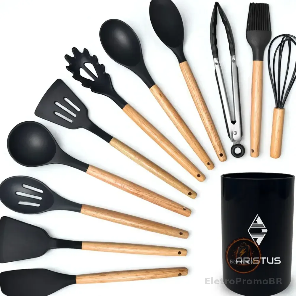 Kit 12 Utensílios De Cozinha Em Silicone Premium Com Cabo De Madeira Resistentes Ao Calor Até 220°c, Antiaderentes, Duráveis E Modernos Cor Preto
