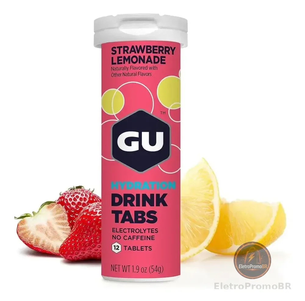 Gu Energy Tabs Eletrólitos Pastilha Eletrolítico Sódio Potássio Efervescente 12 Uni. Sabor Morango E Limão