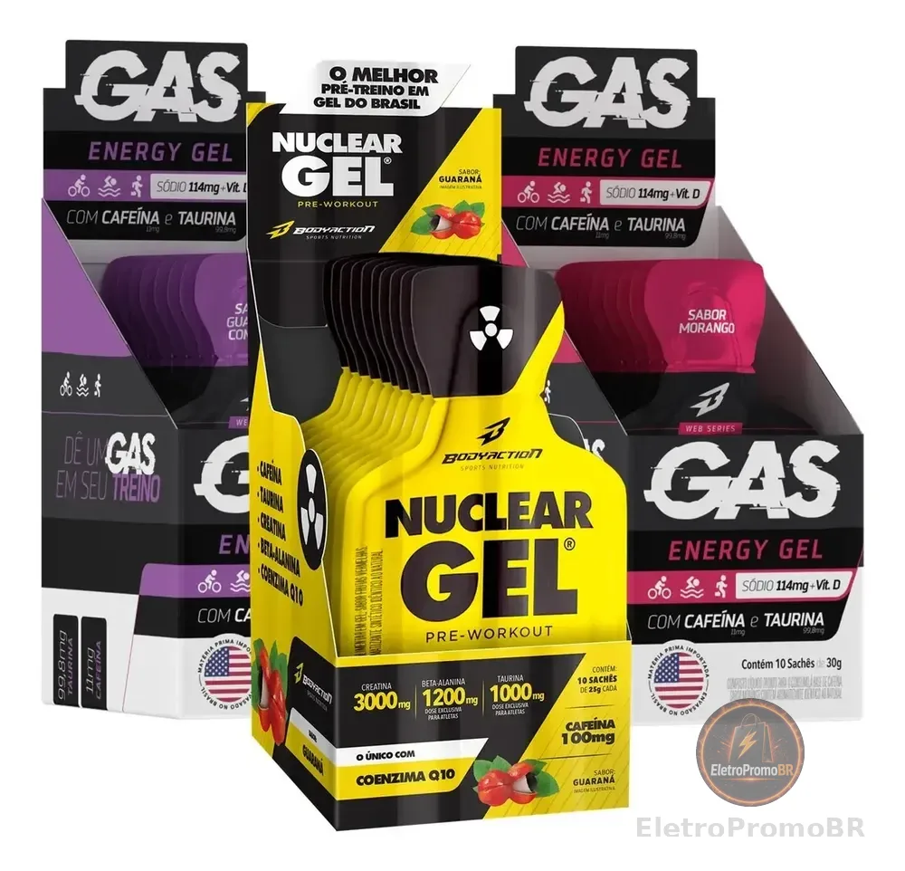 Kit 2x Gas Gel Energético 20 Sachês + Pré Treino Nuclear Gel Sabor Guaraná com Açaí/Morango