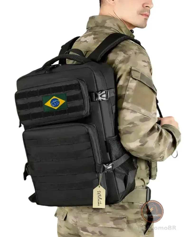 Mochila Tática Militar Resistente Impermeável 30 Litros Bolsa Escola Faculdade Trabalho Super Reforçada Bandeira Brasil Brinde Preta Utilizzei