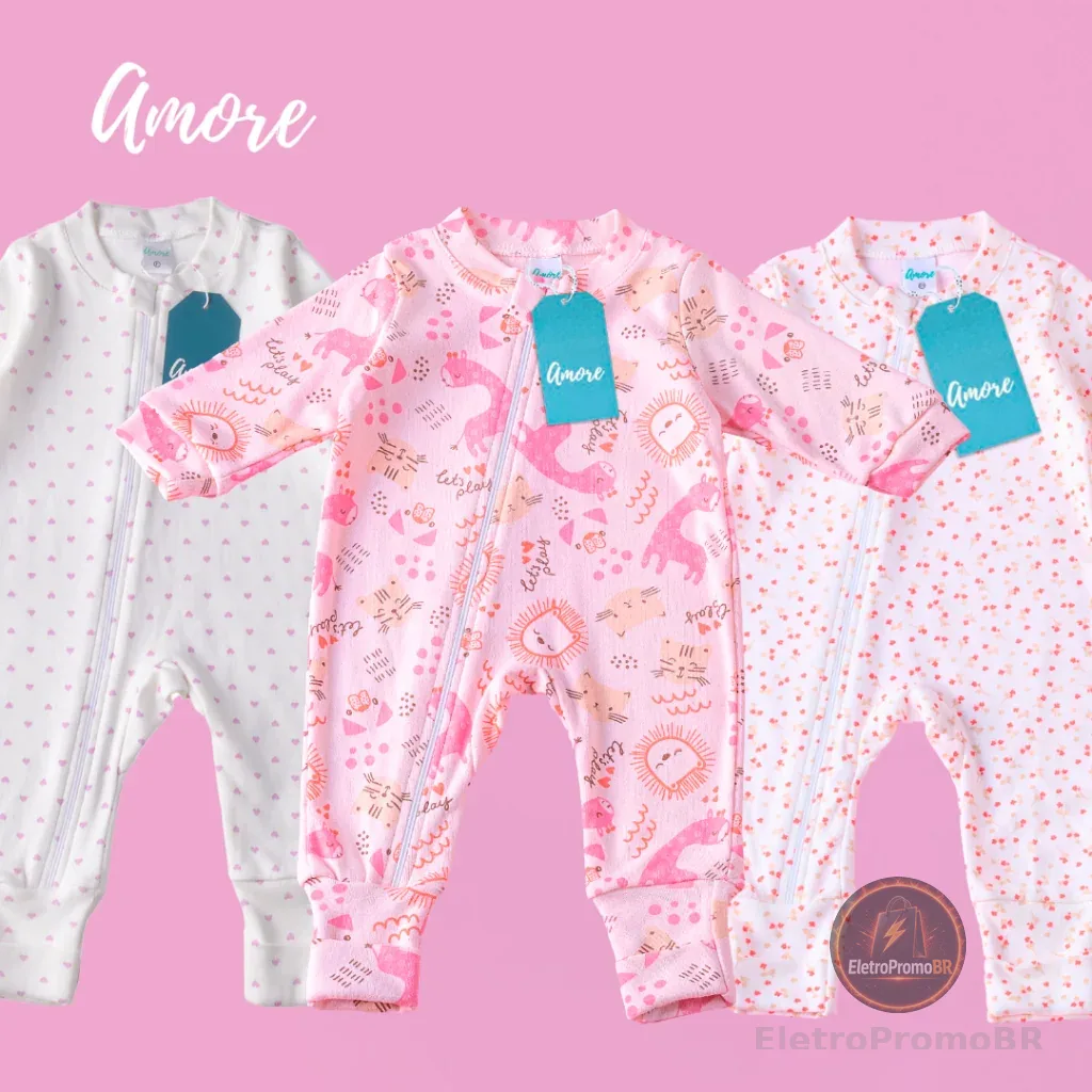 3 Macacões Bebê Amore Mais Vendidos Vira Pé com Zíper Menina 100% Algodão