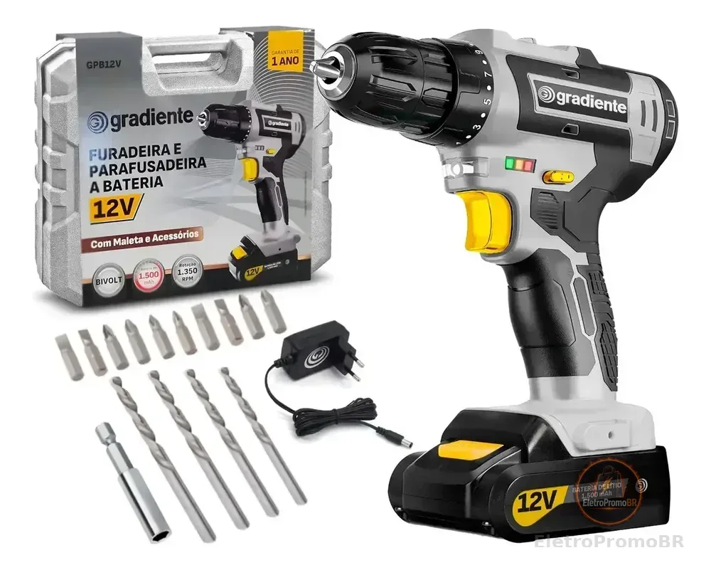 Parafusadeira Furadeira Gradiente GPB12V 3/8 a Bateria Cor Cinza Frequência 60Hz