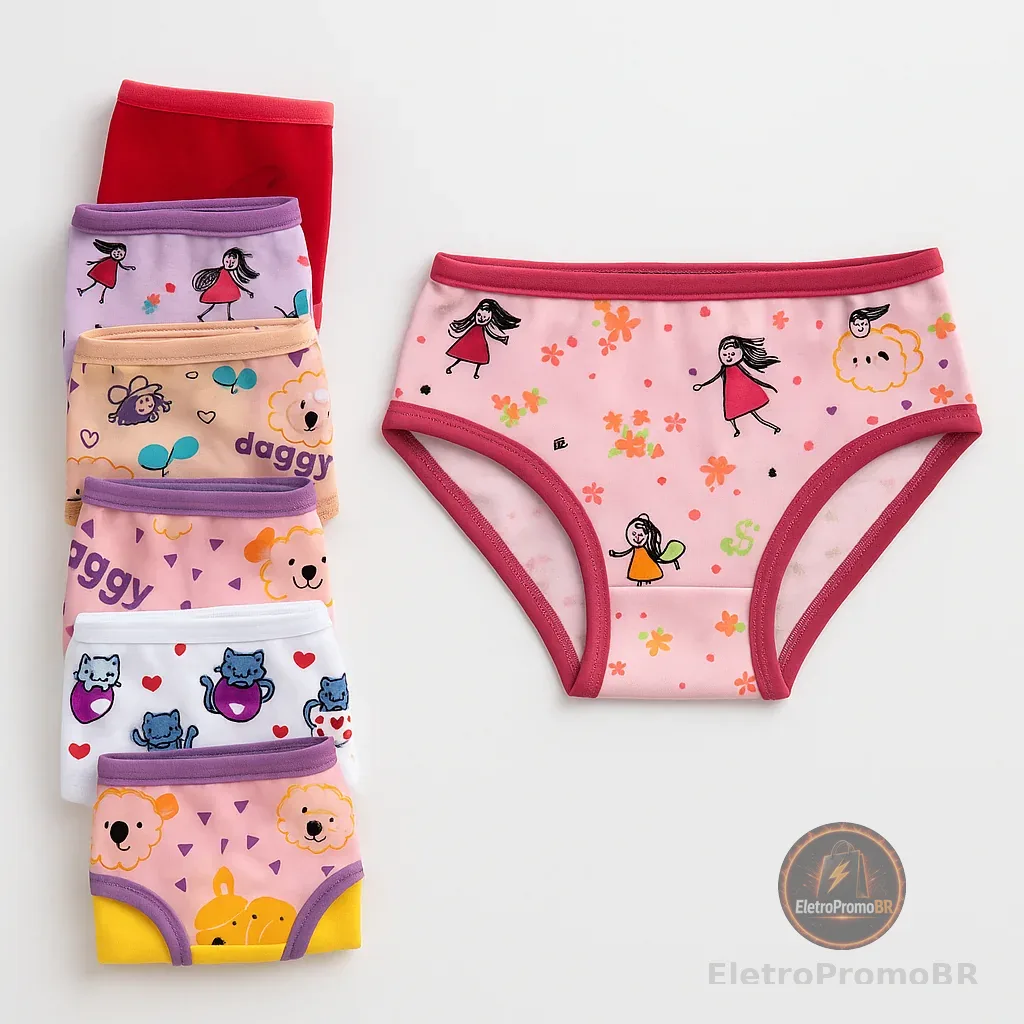 KIT 3, 6 e 9 Calcinha Feminina Tanga Infantil Juvenil Algodão Macio Ajuste Perfeito Cores Estampas Sortidas
