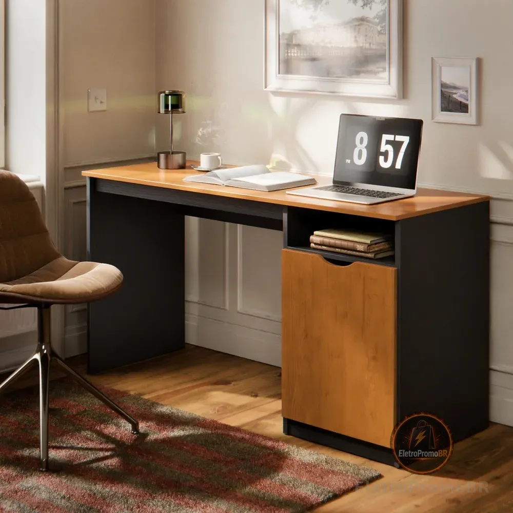 Escrivaninha Maxi Para Computador/notebook Home Office Com Porta E Nicho Mesa De Escritório Compacta Para Estudo Cor Preto Canela